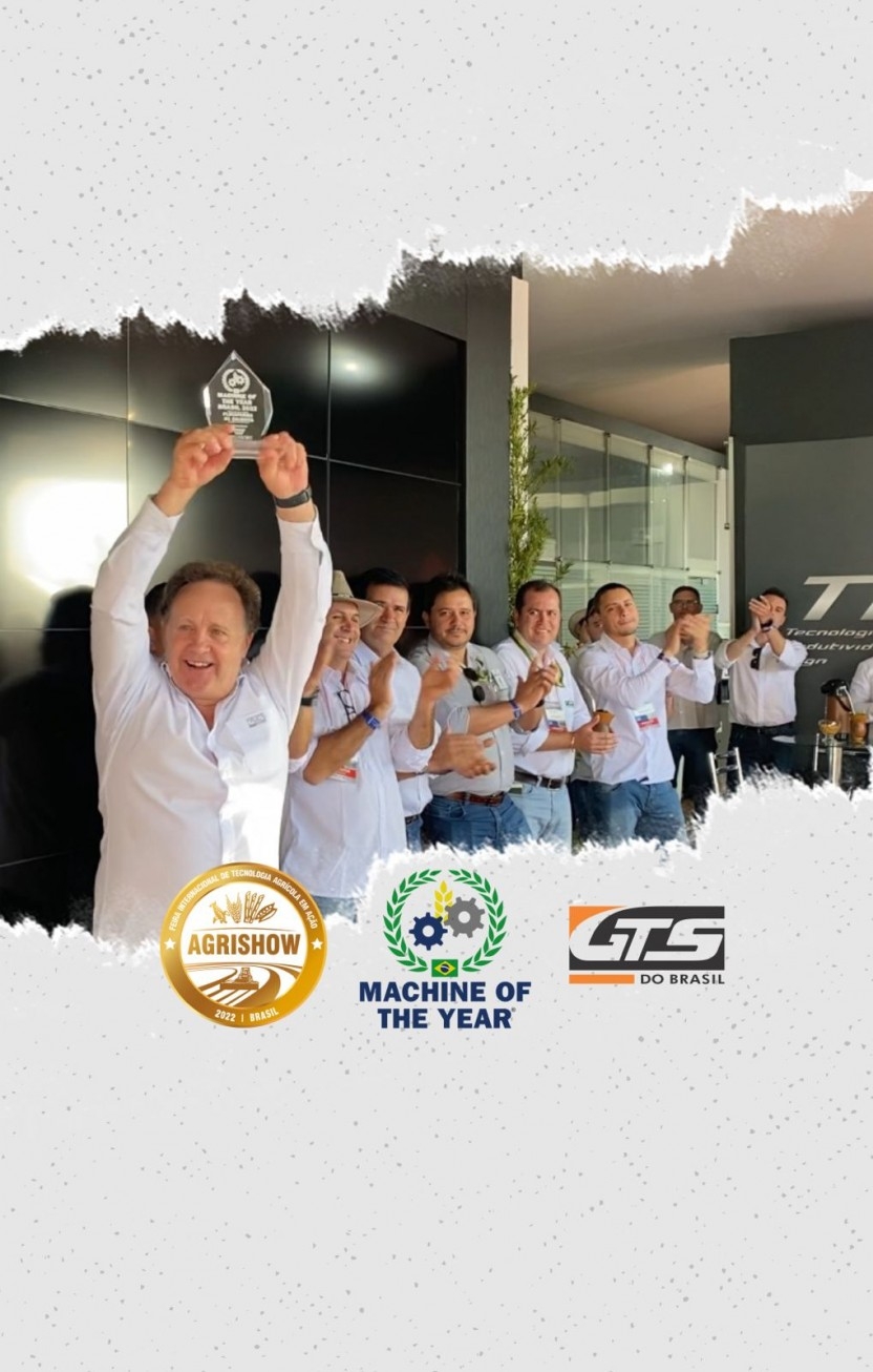 GTS é premiada com o Prêmio Machine Of The Year da Revista AgriWorld na categoria de plataformas de colheita de cereais na Agrishow 2022.